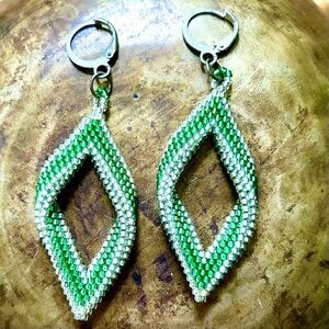 Oklahoma Comanche Hand Crafted Green and Silver Beaded Earrings
